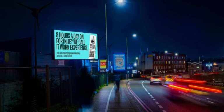 Blue D48 billboard beside road